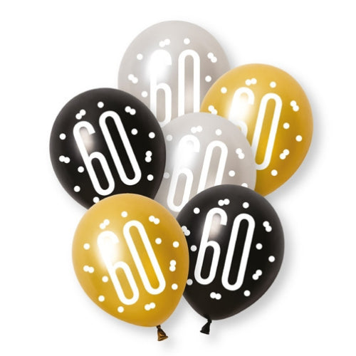 PACK OF 6 LATEX - 60th - BLACK GLITZ