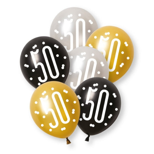 PACK OF 6 LATEX - 50th - BLACK GLITZ