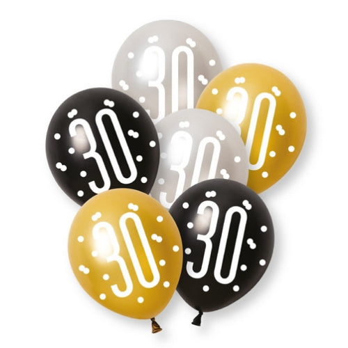 PACK OF 6 LATEX - 30th - BLACK GLITZ