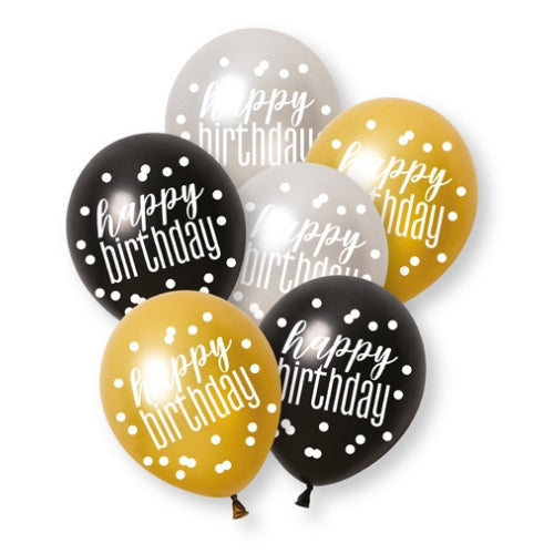 PACK OF 6 LATEX - HAPPY BIRTHDAY BLACK GLITZ
