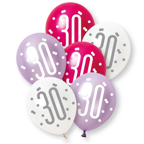 PACK OF 6 LATEX - 30th - PINK GLITZ