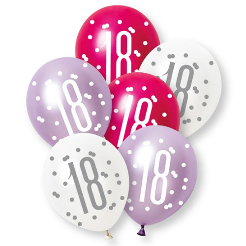 PACK OF 6 LATEX - 18th - PINK GLITZ