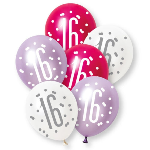 PACK OF 6 LATEX - 16th - PINK GLITZ