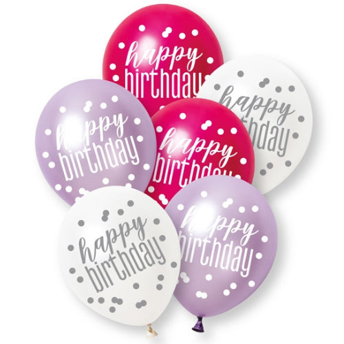 PACK OF 6 LATEX - HAPPY BIRTHDAY - PINK GLITZ