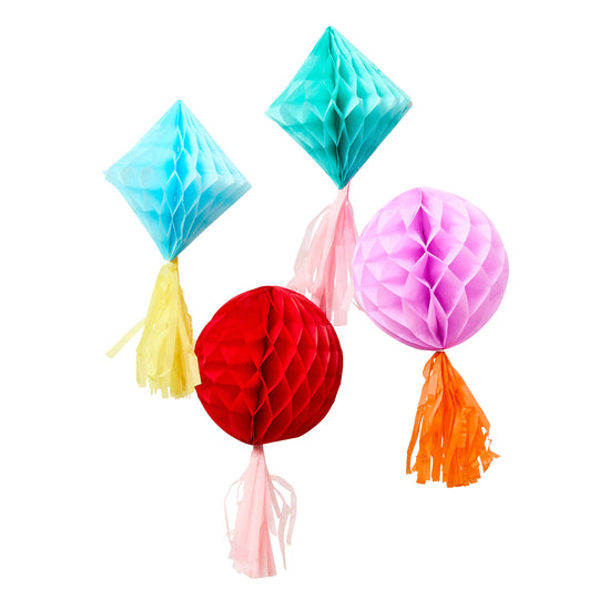 HONEYCOMB TASSEL DECORATIONS - BRIGHT BANQUET - PACK OF 4
