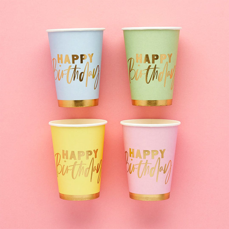 PAPER CUPS - 'HAPPY BIRTHDAY' PASTEL - PACK OF 8