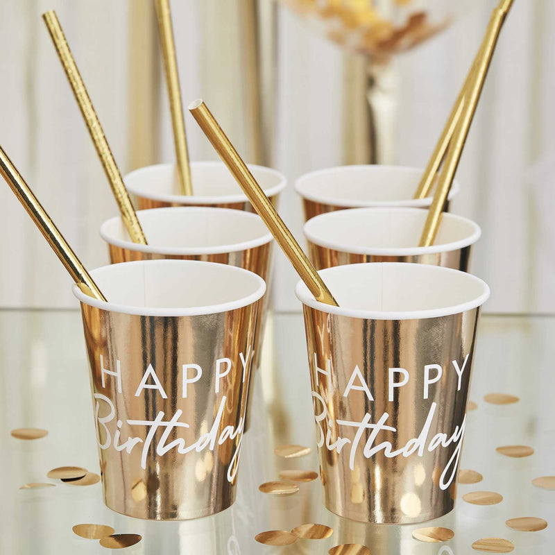 PAPER CUPS - HAPPY BIRTHDAY GOLD - PACK OF 8