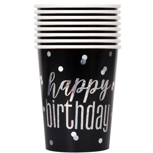 CUPS - GLITZ BLACK BIRTHDAY - PACK OF 8
