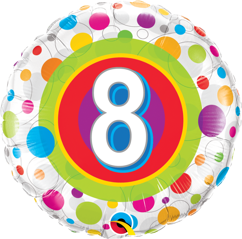 18" FOIL - Age 8 Birthday Balloon - COLOURFUL DOTS-18 INCH FOIL-Partica Party