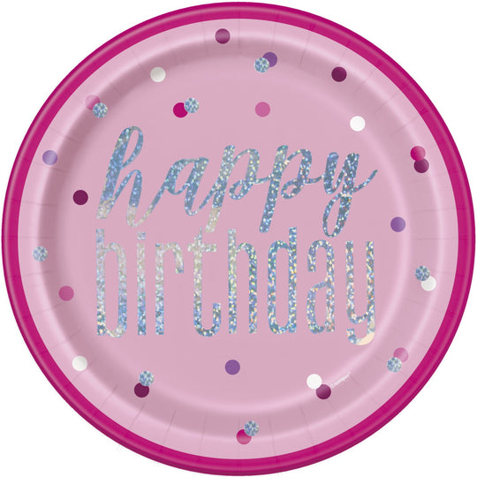 PAPER PLATES - GLITZ PINK BIRTHDAY - PACK OF 8