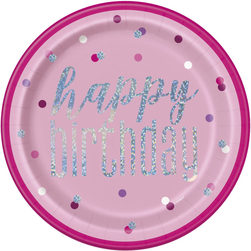 PAPER PLATES - HAPPY BIRTHDAY PINK PRISMATIC - PACK OF 8