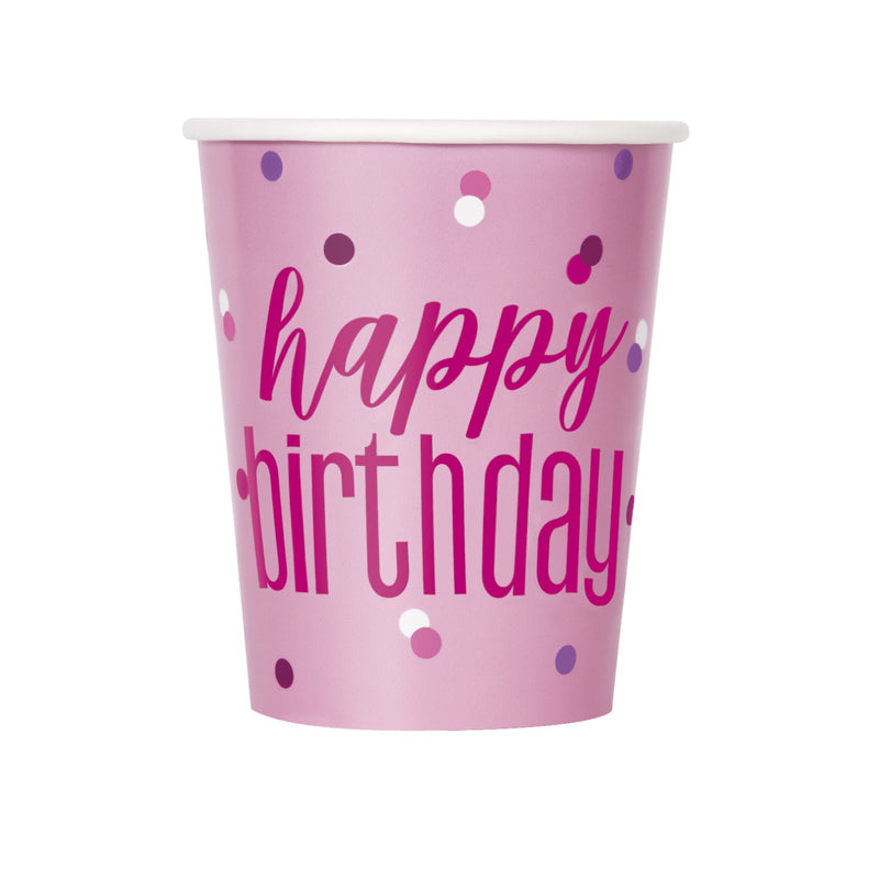 CUPS - PINK HAPPY BIRTHDAY - PACK OF 8