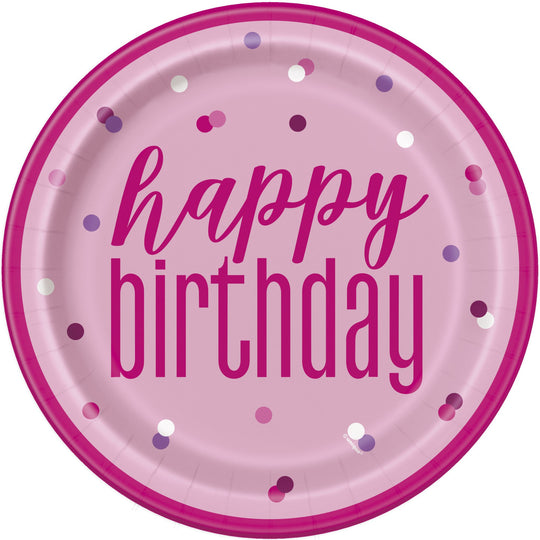 PAPER PLATES - PINK & SILVER BIRTHDAY -  PACK OF 8