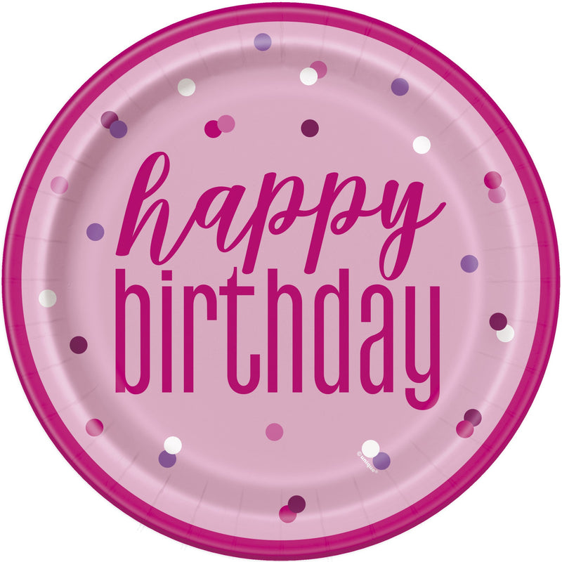 PAPER PLATES - PINK HAPPY BIRTHDAY -  PACK OF 8