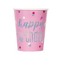 CUPS - HAPPY BIRTHDAY PINK PRISMATIC - PACK OF 8