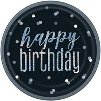 PAPER PLATES - HAPPY BIRTHDAY BLACK PRISMATIC - PACK OF 8