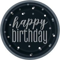 PAPER PLATES - BLACK HAPPY BIRTHDAY - PACK OF 8