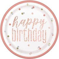 PAPER PLATES - HAPPY BIRTHDAY ROSE GOLD PRISMATIC - PACK OF 8