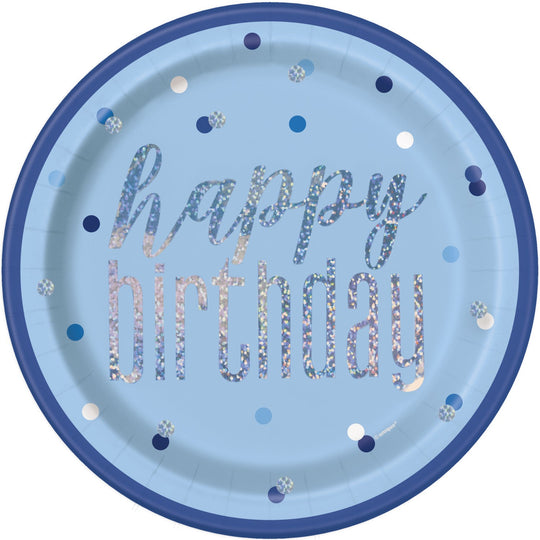 PAPER PLATES - GLITZ BLUE BIRTHDAY - PACK OF 8