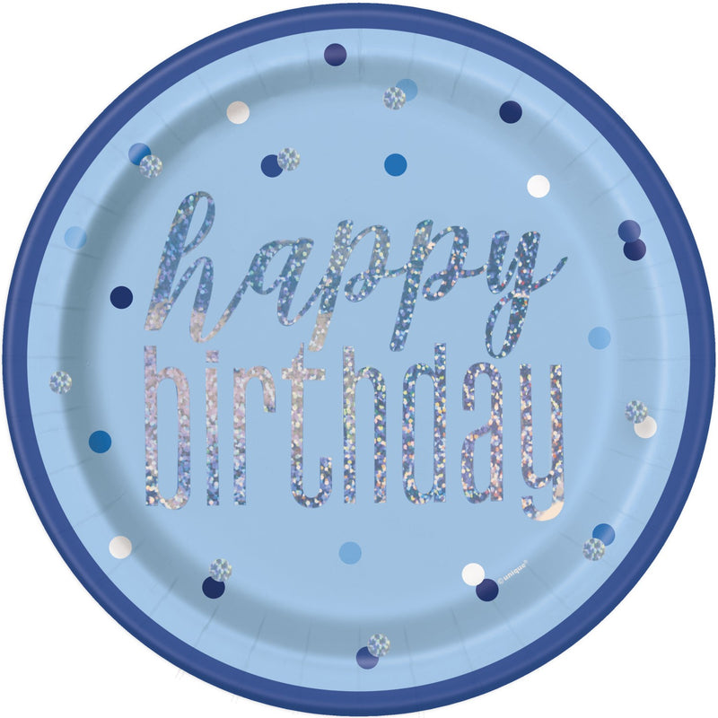 PAPER PLATES - HAPPY BIRTHDAY BLUE PRISMATIC - PACK OF 8