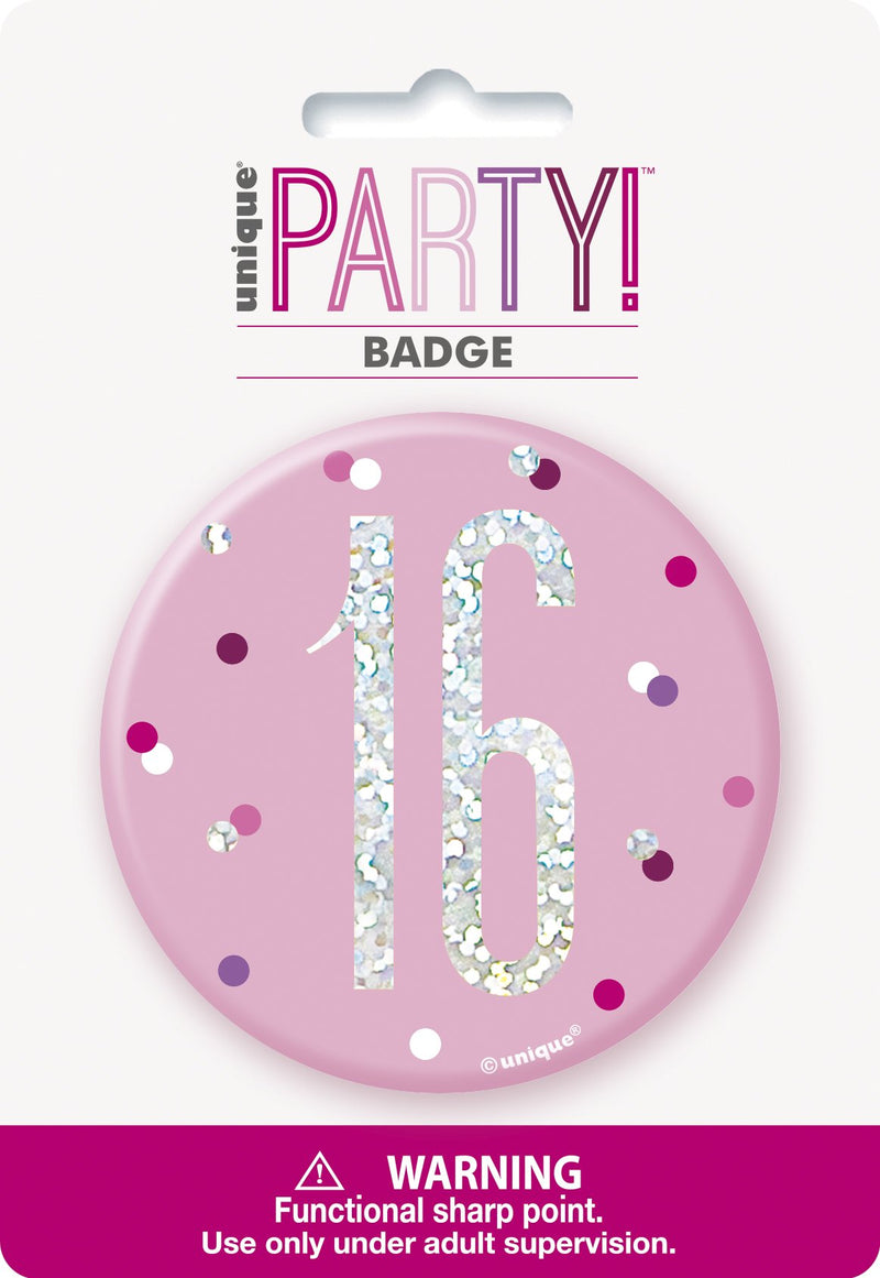 BIRTHDAY BADGE - 16 - PINK-BADGE-Partica Party
