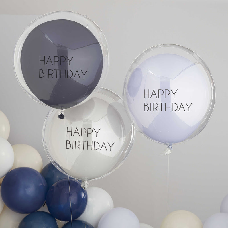 BLUE & GREY DOUBLE LAYERED HAPPY BIRTHDAY BALLOON BUNDLE-BALLOON BOUQUET-Partica Party