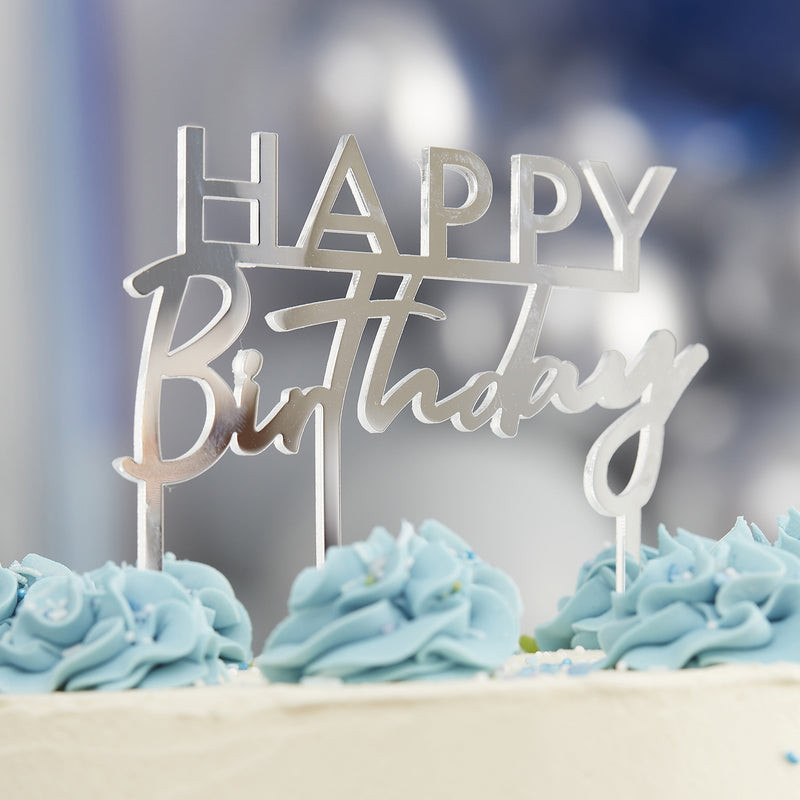 CAKE TOPPER - HAPPY BIRTHDAY - SILVER ACRYLIC-CAKE TOPPER-Partica Party