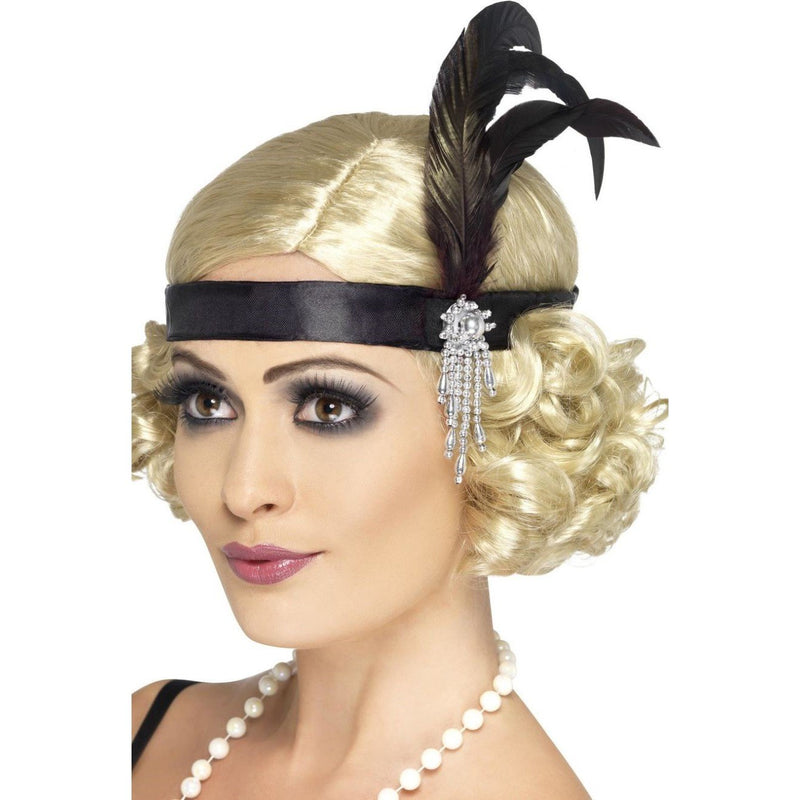 CHARLESTON HEADBAND - BLACK - WITH FEATHER-1920-Partica Party