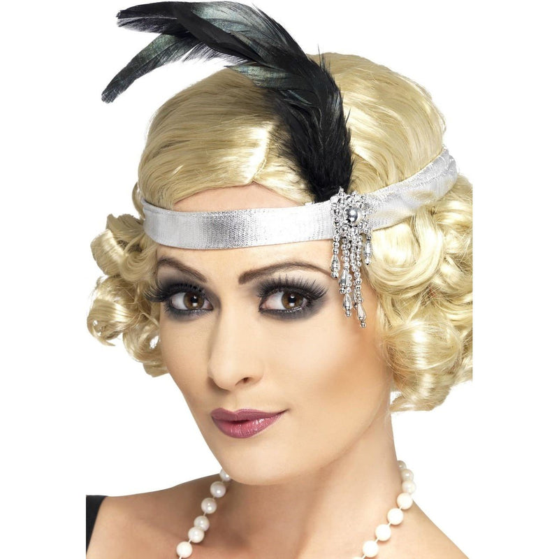 CHARLESTON HEADBAND - SILVER - WITH FEATHER-1920-Partica Party