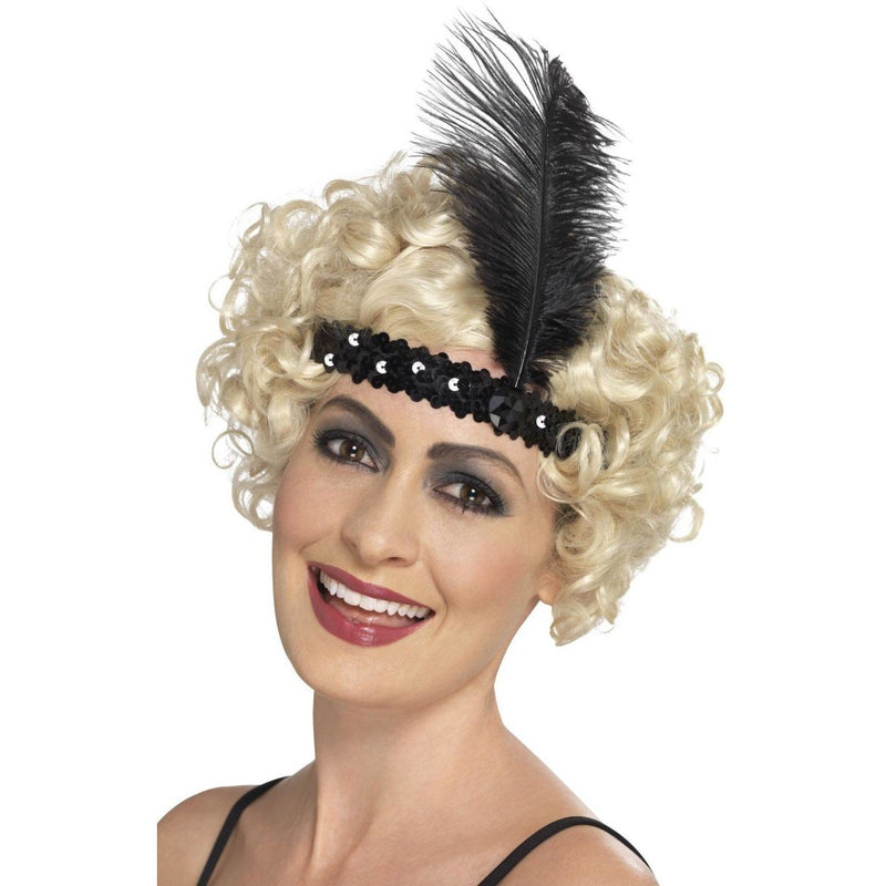 FLAPPER HEADBAND - BLACK - WITH FEATHER-1920-Partica Party