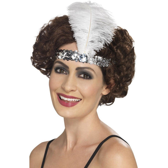 FLAPPER HEADBAND - SILVER - WITH FEATHER