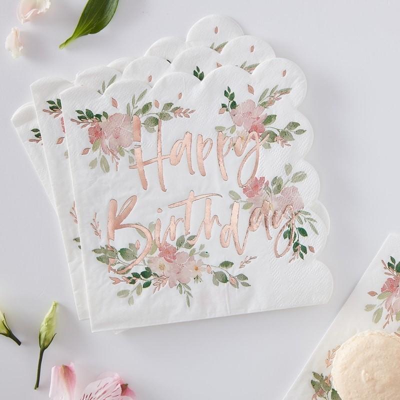 FLORAL BIRTHDAY - HAPPY BIRTHDAY FOILED PAPER NAPKINS-NAPKINS-Partica Party