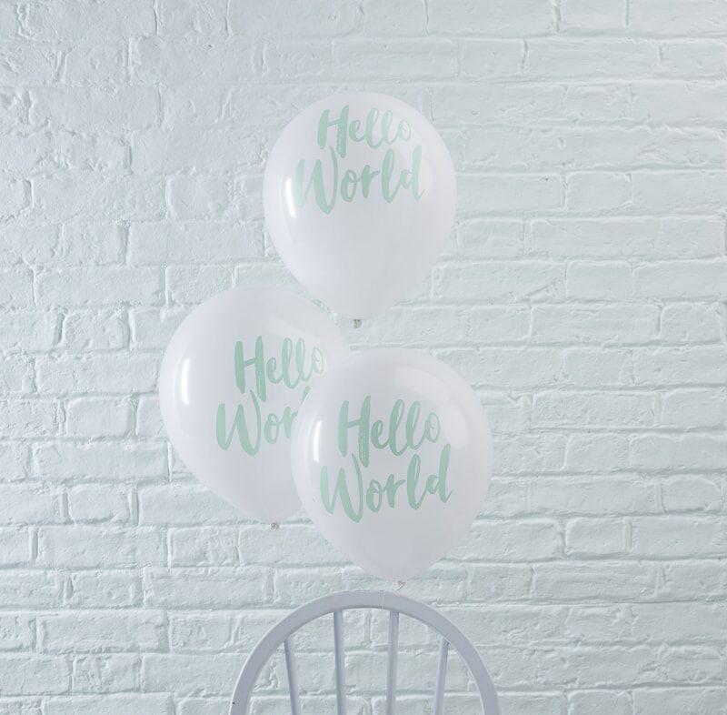 PACK OF 10 LATEX - HELLO WORLD - WHITE & MINT-Latex Balloon Packs-Partica Party