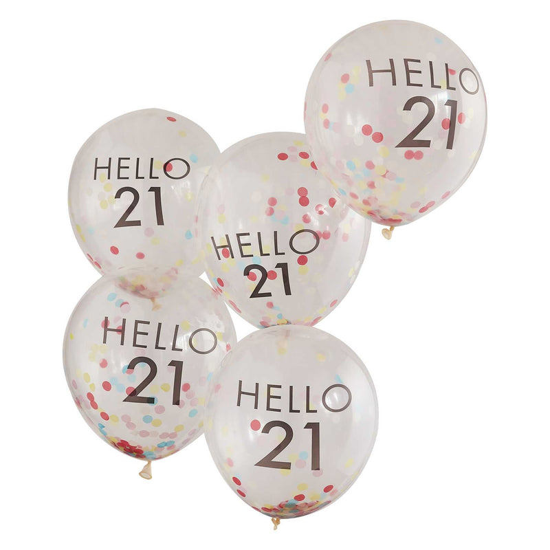 PACK OF 5 LATEX - CONFETTI FILLED - HELLO 21 - RAINBOW-CONFETTI FILLED-Partica Party