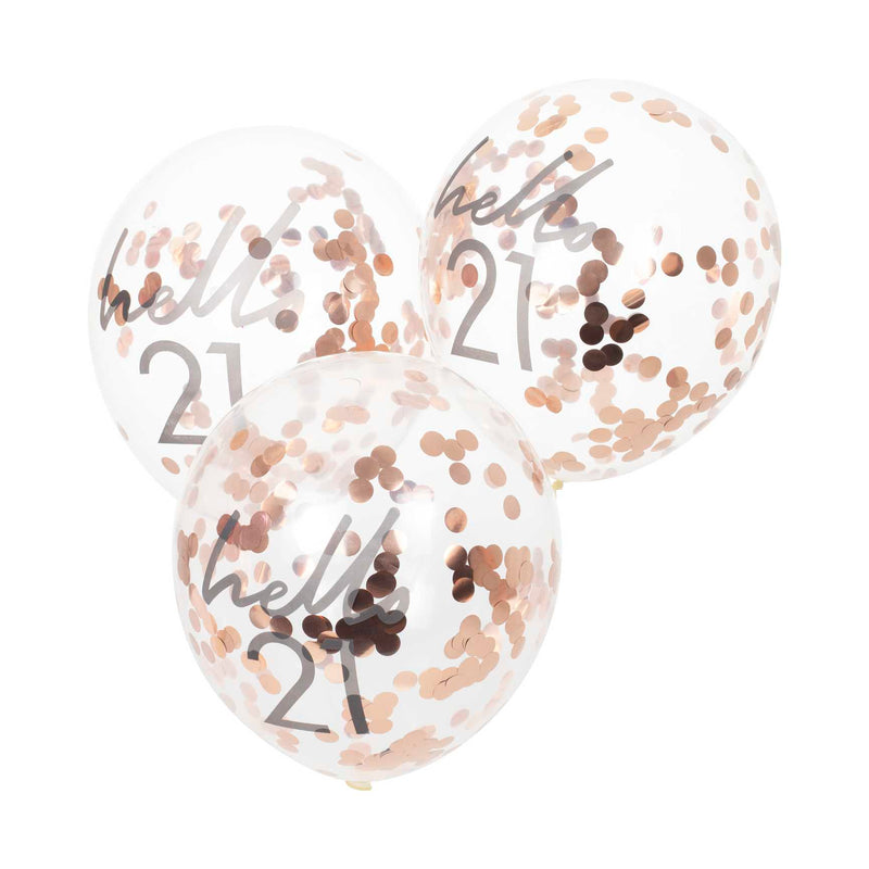 PACK OF 5 LATEX - CONFETTI FILLED - HELLO 21 - ROSE GOLD-CONFETTI FILLED-Partica Party