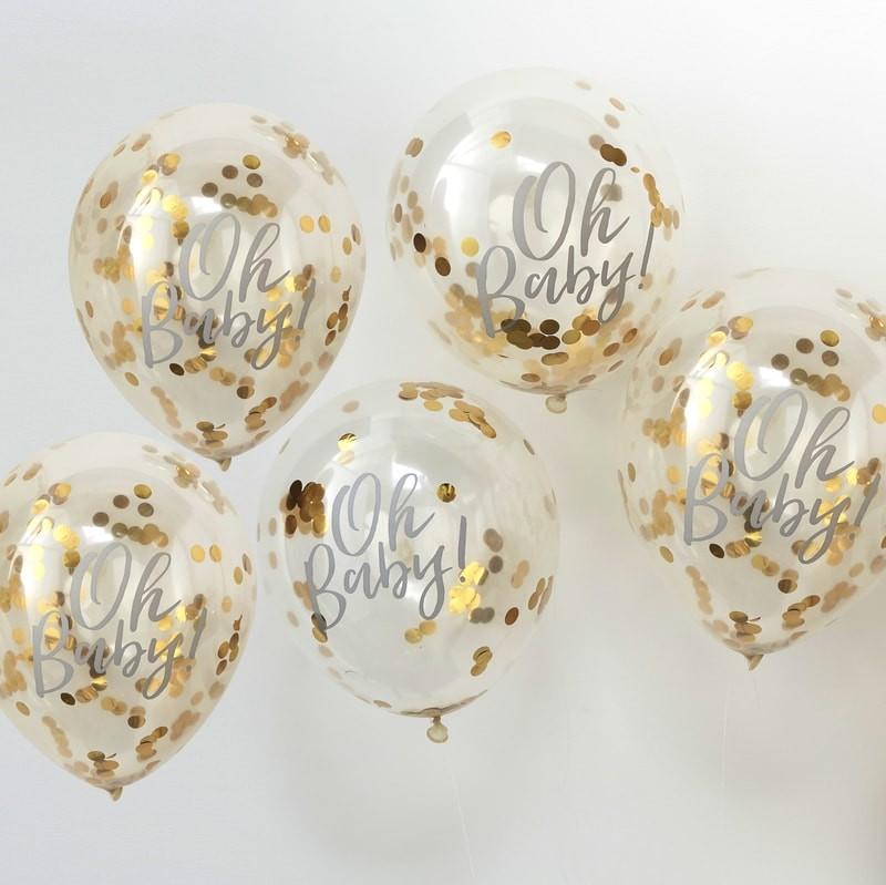 PACK OF 5 LATEX - CONFETTI FILLED - OH BABY! - GOLD-CONFETTI FILLED-Partica Party
