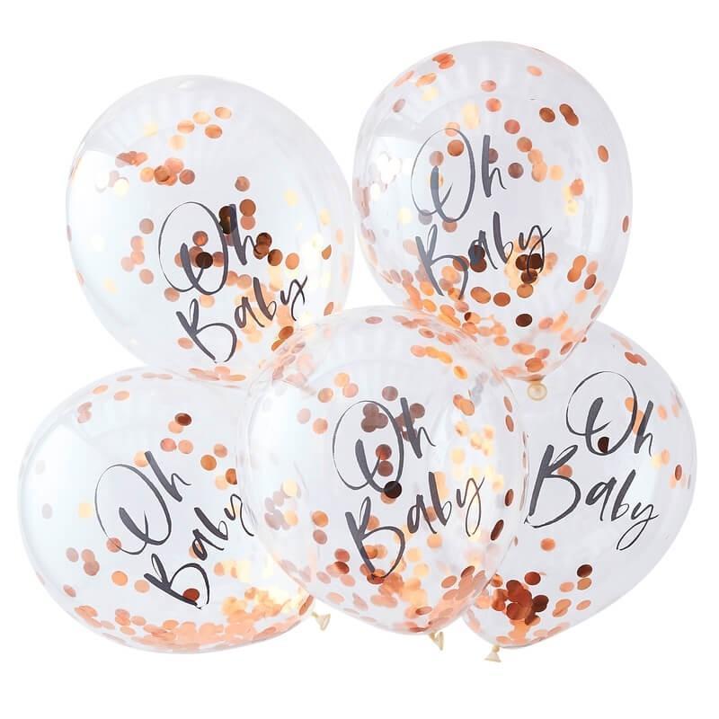 PACK OF 5 LATEX - CONFETTI FILLED - OH BABY - ROSE GOLD-CONFETTI FILLED-Partica Party
