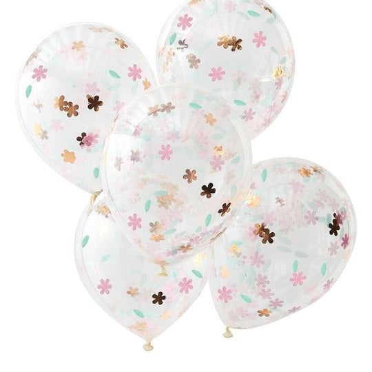 PACK OF 5 LATEX - CONFETTI FILLED - ROSE GOLD & PINK FLORAL