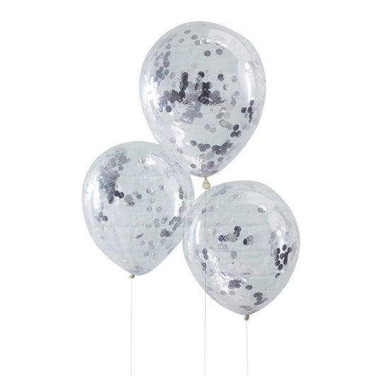 PACK OF 5 LATEX - CONFETTI FILLED - SILVER