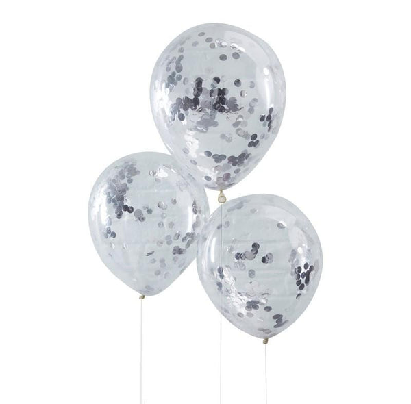 PACK OF 5 LATEX - CONFETTI FILLED - SILVER-CONFETTI FILLED-Partica Party