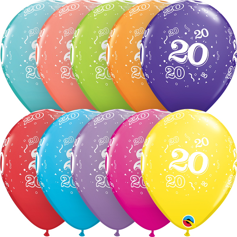 PACK OF 6 LATEX - AGE 20 - ASSORTED COLOURS-LATEX NUMBER SET-Partica Party