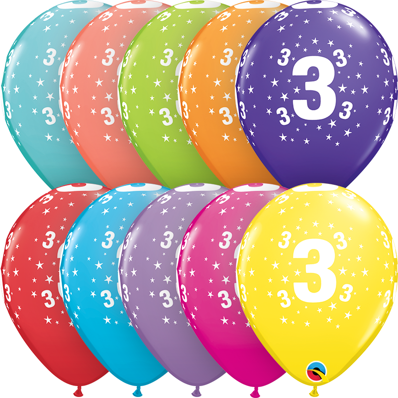 PACK OF 6 LATEX - AGE 3 - ASSORTED COLOURS-LATEX NUMBER SET-Partica Party