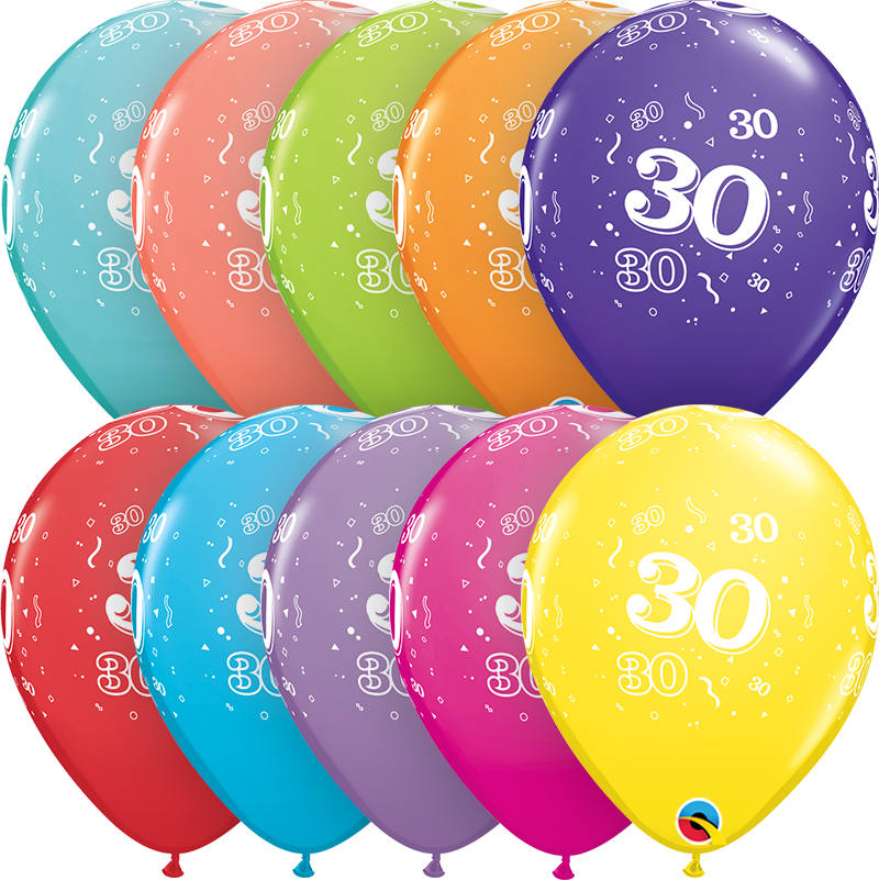 PACK OF 6 LATEX - AGE 30 - ASSORTED COLOURS-LATEX NUMBER SET-Partica Party