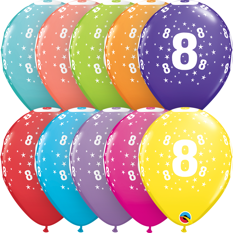 PACK OF 6 LATEX - AGE 8 - ASSORTED COLOURS-LATEX NUMBER SET-Partica Party
