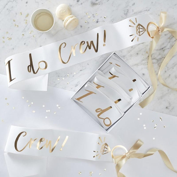 PACK OF 6 SASHES - I DO CREW! - WHITE & GOLD-SASH-Partica Party