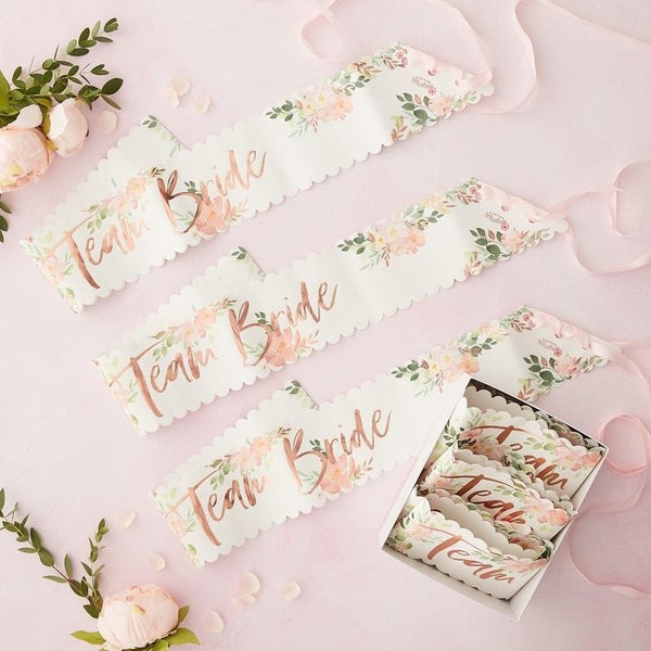 PACK OF 6 SASHES - TEAM BRIDE - FLORAL-SASH-Partica Party