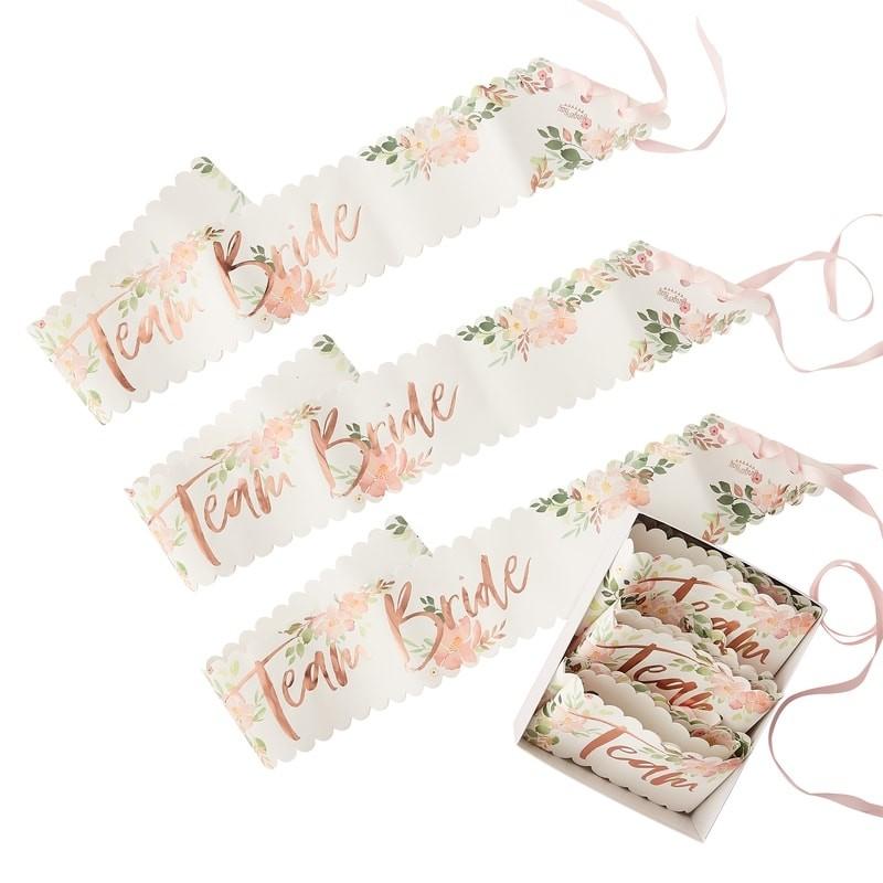 PACK OF 6 SASHES - TEAM BRIDE - FLORAL-SASH-Partica Party