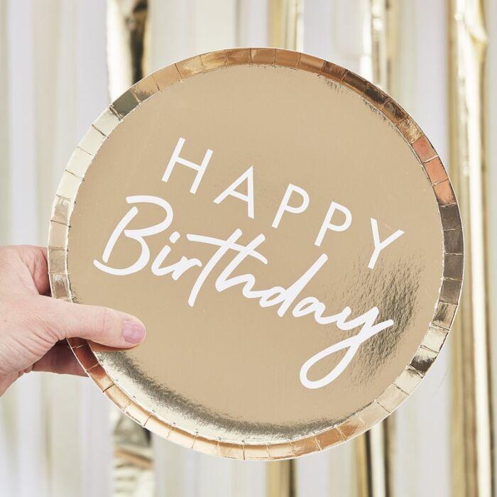 PAPER PLATES - GOLD HAPPY BIRTHDAY - PACK OF 8-PLATES-Partica Party