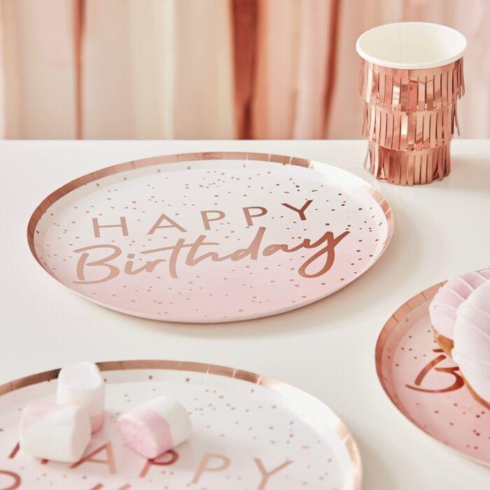 PAPER PLATES - ROSE GOLD OMBRE HAPPY BIRTHDAY - PACK OF 8-PLATES-Partica Party