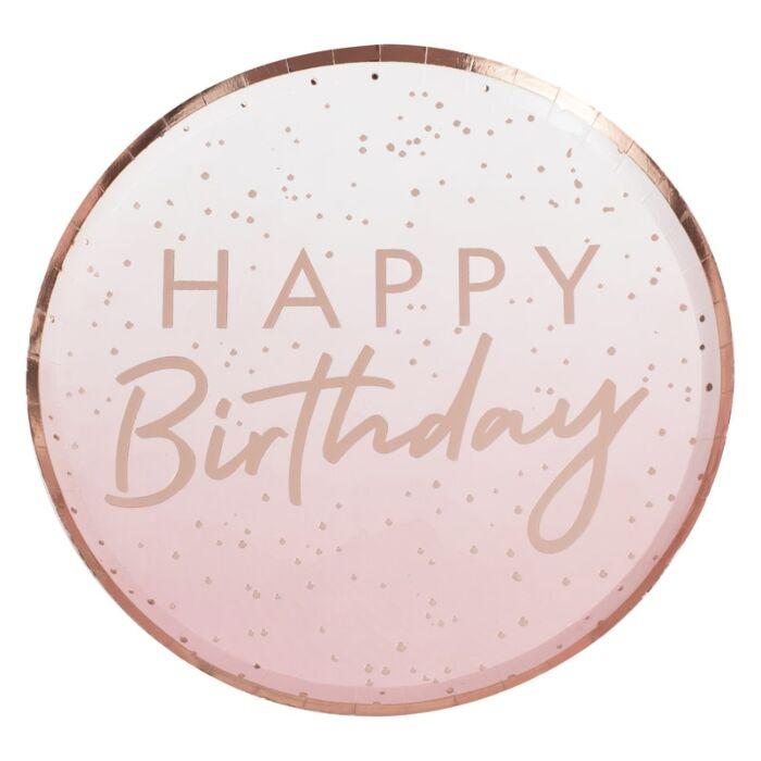PAPER PLATES - ROSE GOLD OMBRE HAPPY BIRTHDAY - PACK OF 8-PLATES-Partica Party